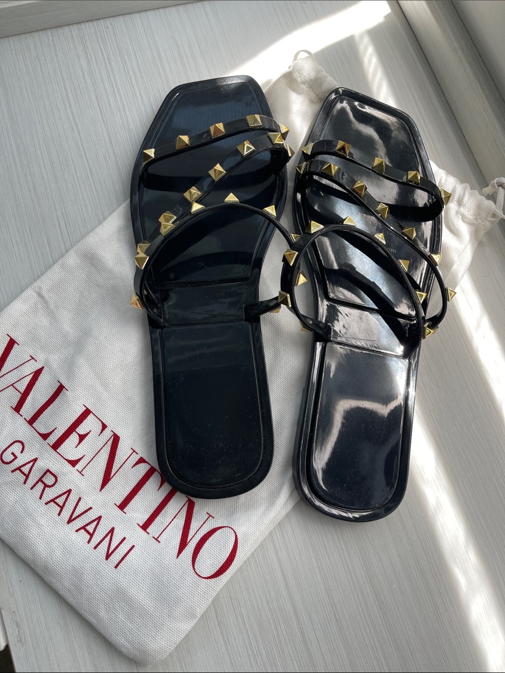 Black Patent Rockstud Strappy Flat Sandals with Gold Studs